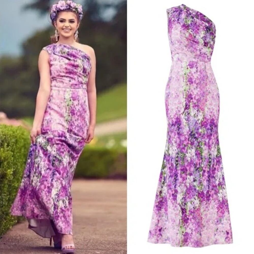 BADGLEY MISCHKA Purple Floral Orchid One Shoulder Gown Dress size 6 - Picture 9 of 14